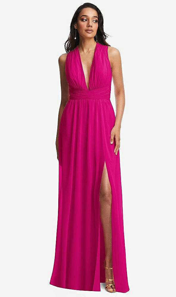 Front View - Think Pink Shirred Deep Plunge Neck Closed Back Chiffon Maxi Dress