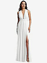 Front View Thumbnail - White Shirred Deep Plunge Neck Closed Back Chiffon Maxi Dress