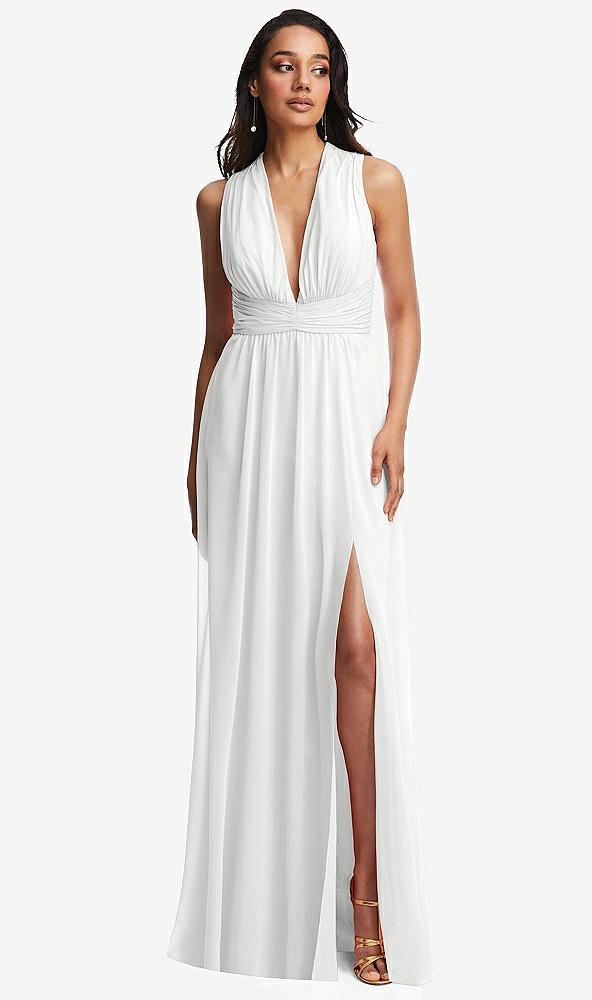 Front View - White Shirred Deep Plunge Neck Closed Back Chiffon Maxi Dress