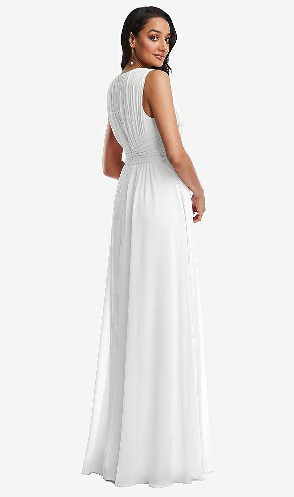 Back View - White Shirred Deep Plunge Neck Closed Back Chiffon Maxi Dress