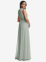Rear View Thumbnail - Willow Green Shirred Deep Plunge Neck Closed Back Chiffon Maxi Dress