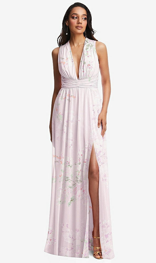 Front View - Watercolor Print Shirred Deep Plunge Neck Closed Back Chiffon Maxi Dress