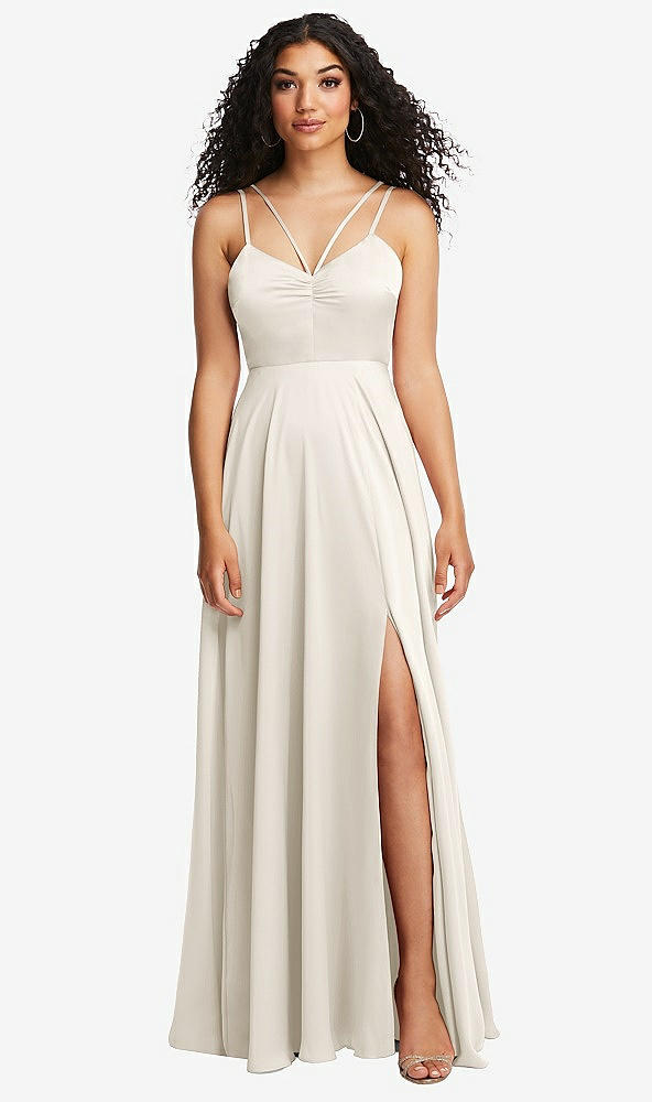 Front View - Ivory Dual Strap V-Neck Lace-Up Open-Back Maxi Dress