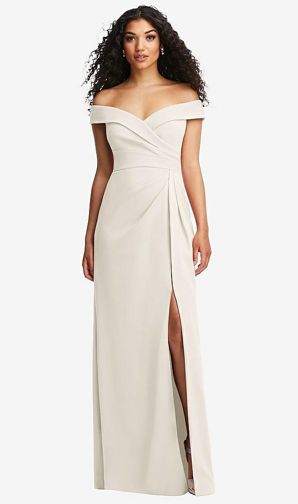 Front View - Ivory Cuffed Off-the-Shoulder Pleated Faux Wrap Maxi Dress