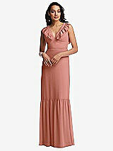 Front View Thumbnail - Desert Rose Tiered Ruffle Plunge Neck Open-Back Maxi Dress with Deep Ruffle Skirt