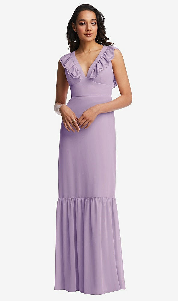 Front View - Pale Purple Tiered Ruffle Plunge Neck Open-Back Maxi Dress with Deep Ruffle Skirt