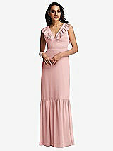 Front View Thumbnail - Rose Tiered Ruffle Plunge Neck Open-Back Maxi Dress with Deep Ruffle Skirt