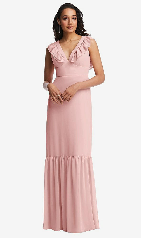 Front View - Rose Tiered Ruffle Plunge Neck Open-Back Maxi Dress with Deep Ruffle Skirt