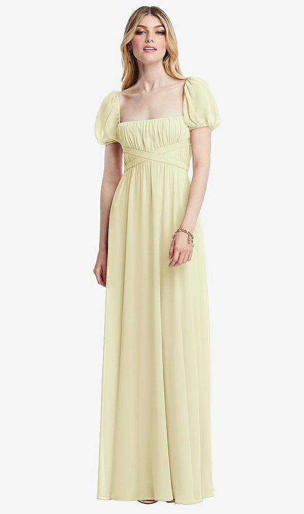 Front View - Butter Yellow Regency Empire Waist Puff Sleeve Chiffon Maxi Dress
