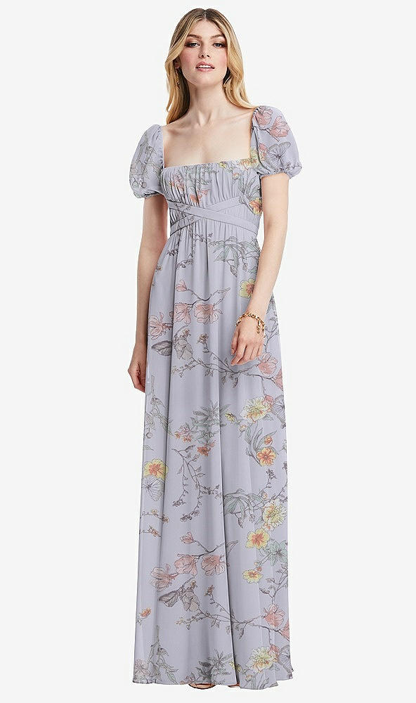 Front View - Butterfly Botanica Silver Dove Regency Empire Waist Puff Sleeve Chiffon Maxi Dress
