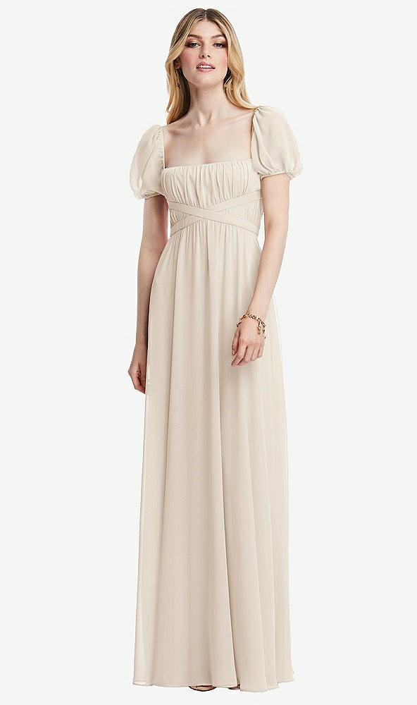 Front View - Oat Regency Empire Waist Puff Sleeve Chiffon Maxi Dress
