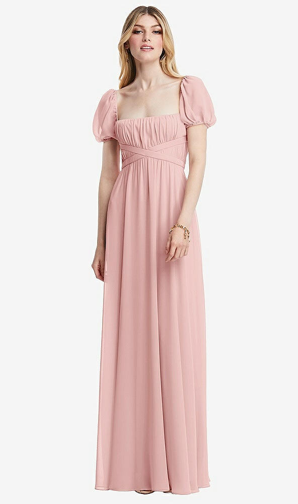 Front View - Rose Regency Empire Waist Puff Sleeve Chiffon Maxi Dress