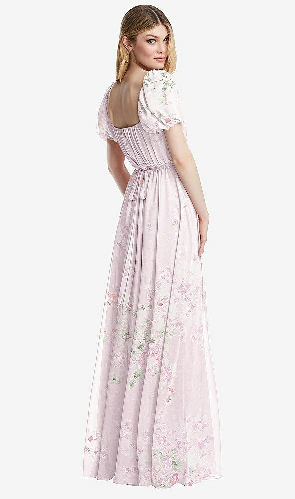 Back View - Watercolor Print Regency Empire Waist Puff Sleeve Chiffon Maxi Dress