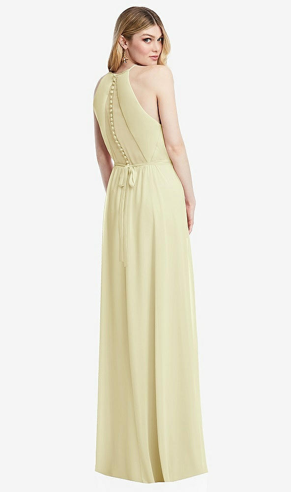 Back View - Butter Yellow Illusion Back Halter Maxi Dress with Covered Button Detail