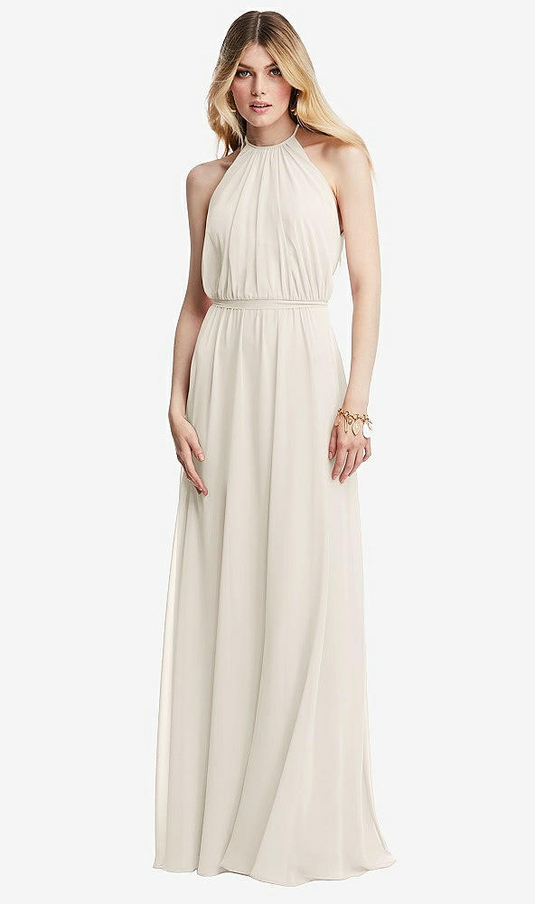 Front View - Ivory Illusion Back Halter Maxi Dress with Covered Button Detail