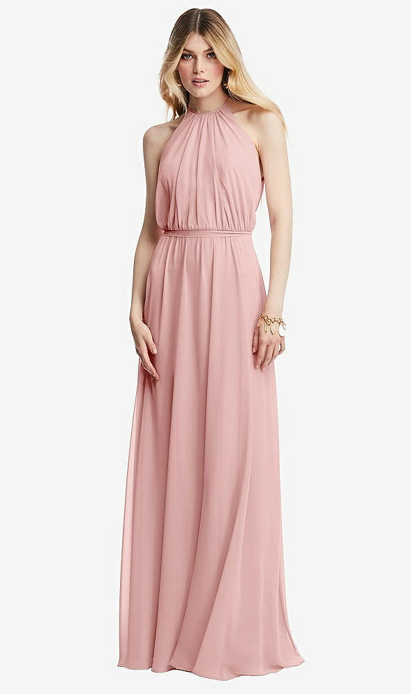 Front View - Rose Illusion Back Halter Maxi Dress with Covered Button Detail