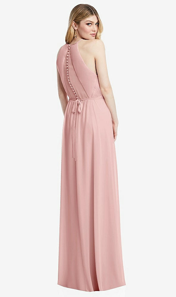 Back View - Rose Illusion Back Halter Maxi Dress with Covered Button Detail