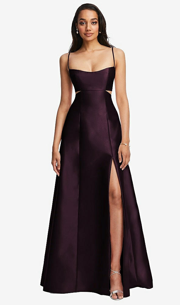 Front View - Deep Plum Open Neckline Cutout Satin Twill A-Line Gown with Pockets