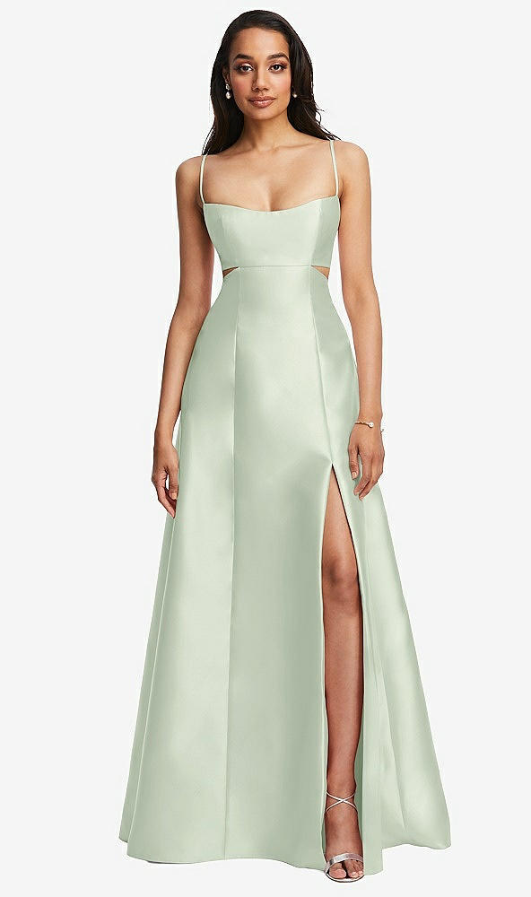 Front View - Mint Green Open Neckline Cutout Satin Twill A-Line Gown with Pockets