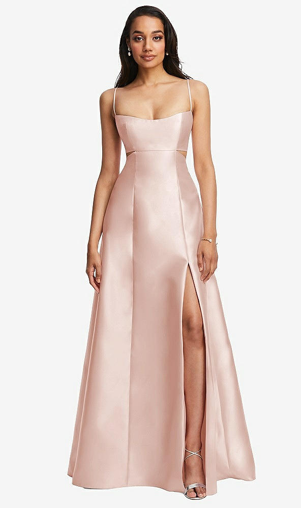 Front View - Blush Open Neckline Cutout Satin Twill A-Line Gown with Pockets