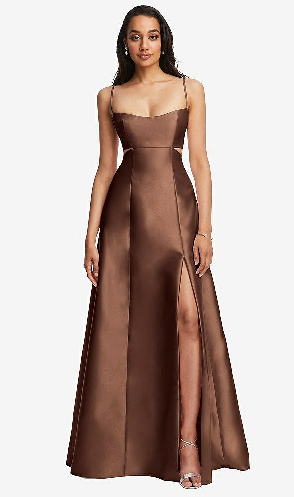 Front View - Cognac Open Neckline Cutout Satin Twill A-Line Gown with Pockets