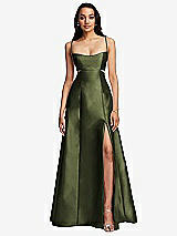 Front View Thumbnail - Olive Green Open Neckline Cutout Satin Twill A-Line Gown with Pockets