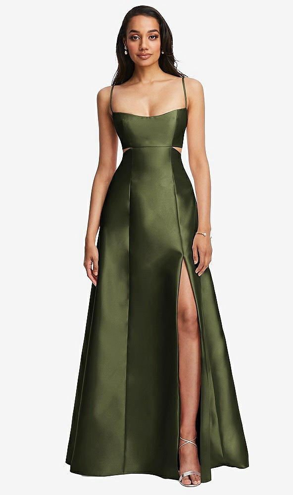 Front View - Olive Green Open Neckline Cutout Satin Twill A-Line Gown with Pockets