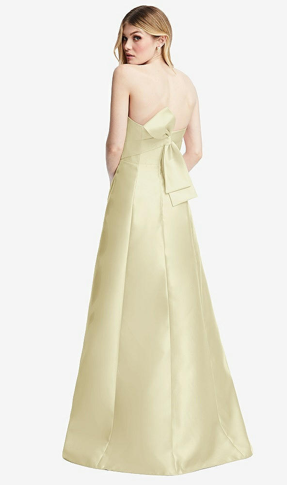 Front View - Butter Yellow Strapless A-line Satin Gown with Modern Bow Detail