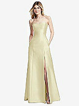 Rear View Thumbnail - Butter Yellow Strapless A-line Satin Gown with Modern Bow Detail