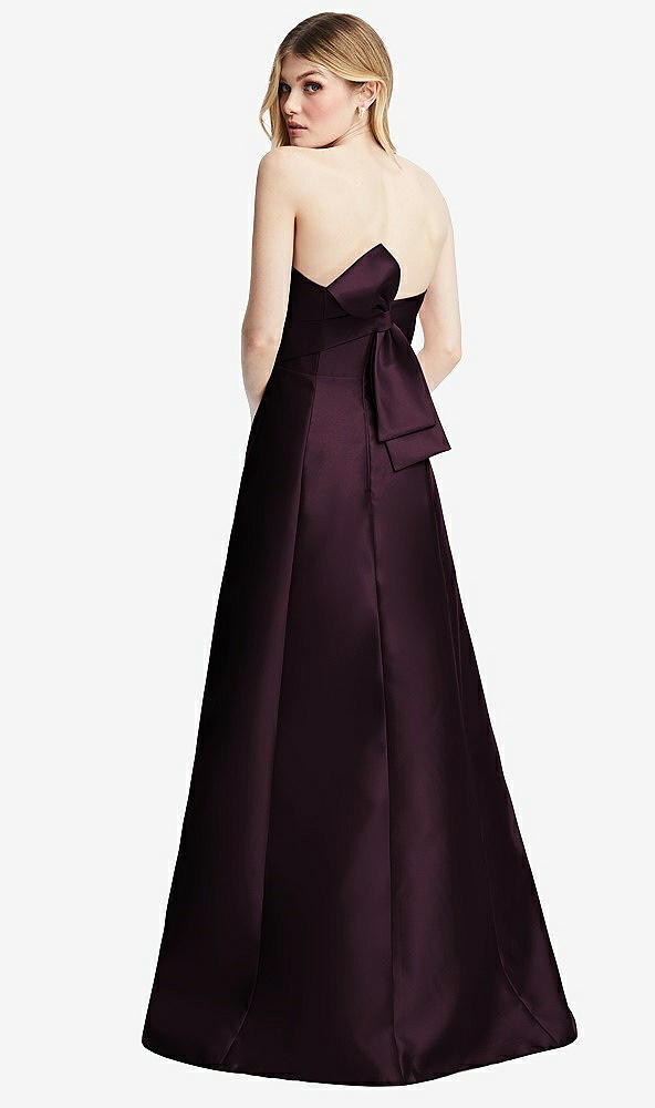 Front View - Deep Plum Strapless A-line Satin Gown with Modern Bow Detail