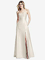 Rear View Thumbnail - Ivory Strapless A-line Satin Gown with Modern Bow Detail