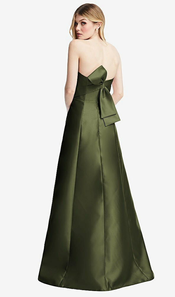 Front View - Olive Green Strapless A-line Satin Gown with Modern Bow Detail