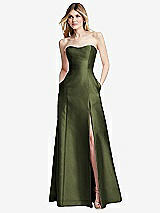 Rear View Thumbnail - Olive Green Strapless A-line Satin Gown with Modern Bow Detail