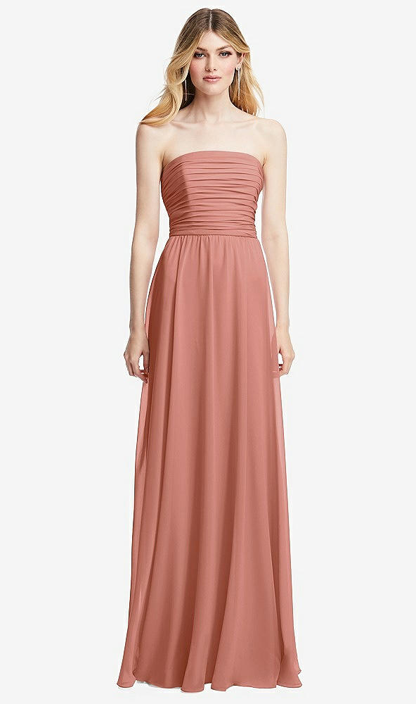 Front View - Desert Rose Shirred Bodice Strapless Chiffon Maxi Dress with Optional Straps