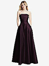 Alt View 3 Thumbnail - Deep Plum Strapless Bias Cuff Bodice Satin Gown with Pockets