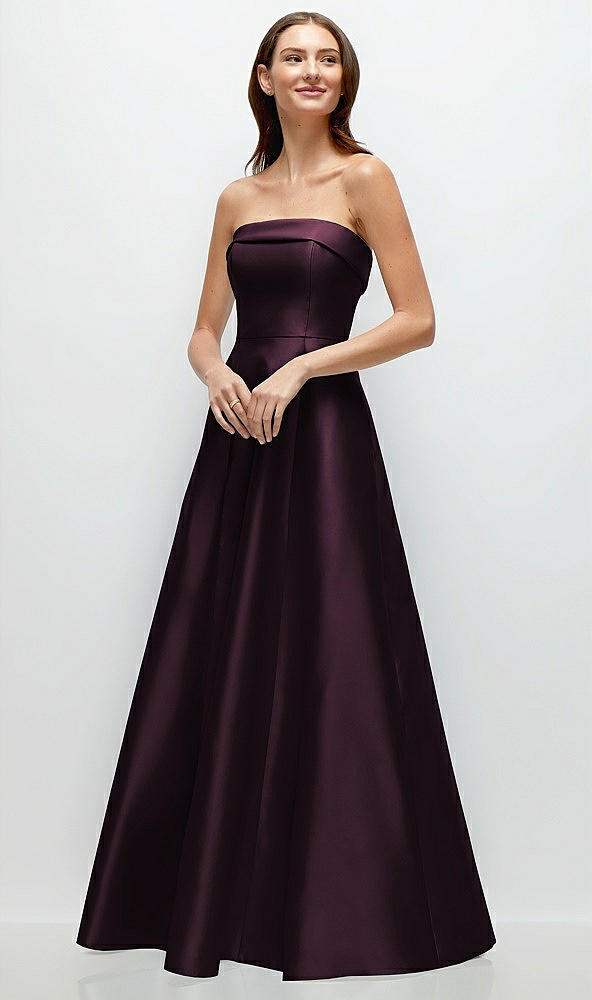 Front View - Deep Plum Strapless Bias Cuff Bodice Satin Gown with Pockets