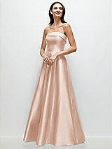 Front View Thumbnail - Cameo Strapless Bias Cuff Bodice Satin Gown with Pockets