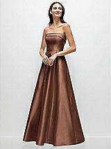 Front View Thumbnail - Cognac Strapless Bias Cuff Bodice Satin Gown with Pockets