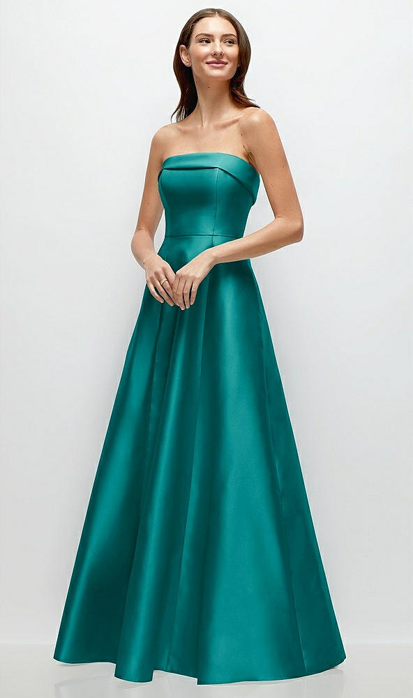 Front View - Jade Strapless Bias Cuff Bodice Satin Gown with Pockets