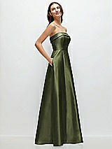 Rear View Thumbnail - Olive Green Strapless Bias Cuff Bodice Satin Gown with Pockets