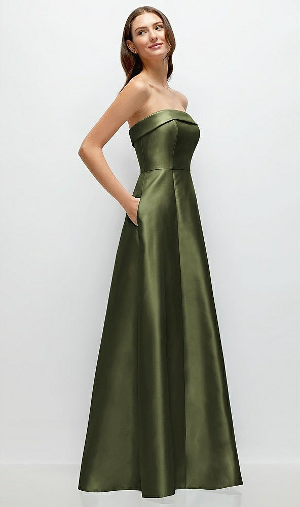 Back View - Olive Green Strapless Bias Cuff Bodice Satin Gown with Pockets