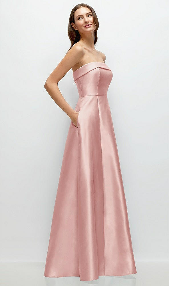 Back View - Rose Strapless Bias Cuff Bodice Satin Gown with Pockets