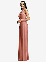 Side View Thumbnail - Desert Rose Pleated V-Neck Closed Back Trumpet Gown with Draped Front Slit