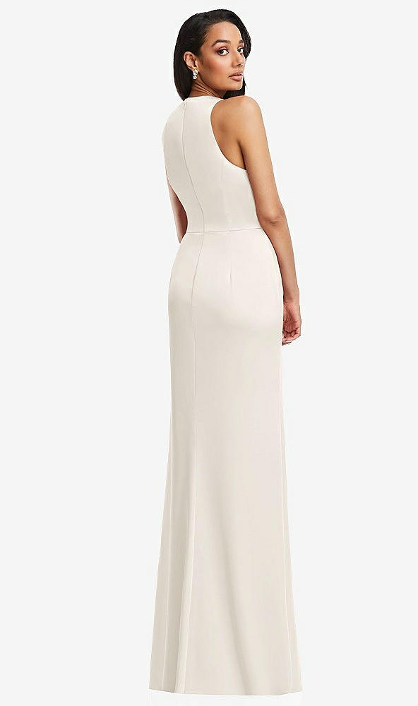 Back View - Ivory Pleated V-Neck Closed Back Trumpet Gown with Draped Front Slit