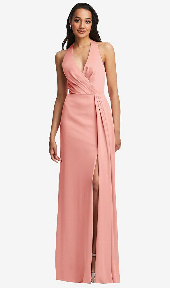 Front View - Rose Pleated V-Neck Closed Back Trumpet Gown with Draped Front Slit
