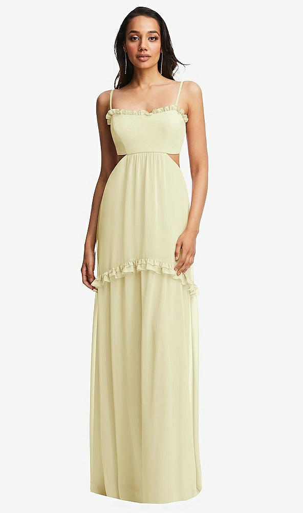 Front View - Butter Yellow Ruffle-Trimmed Cutout Tie-Back Maxi Dress with Tiered Skirt