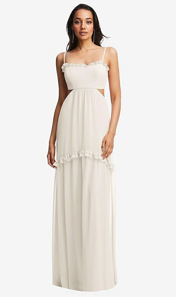 Front View - Ivory Ruffle-Trimmed Cutout Tie-Back Maxi Dress with Tiered Skirt