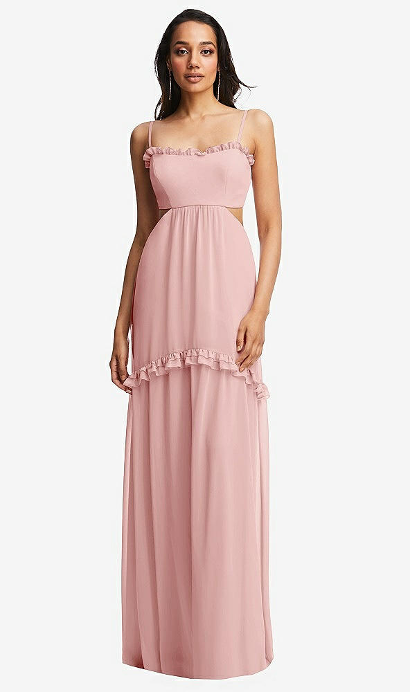 Front View - Rose Ruffle-Trimmed Cutout Tie-Back Maxi Dress with Tiered Skirt