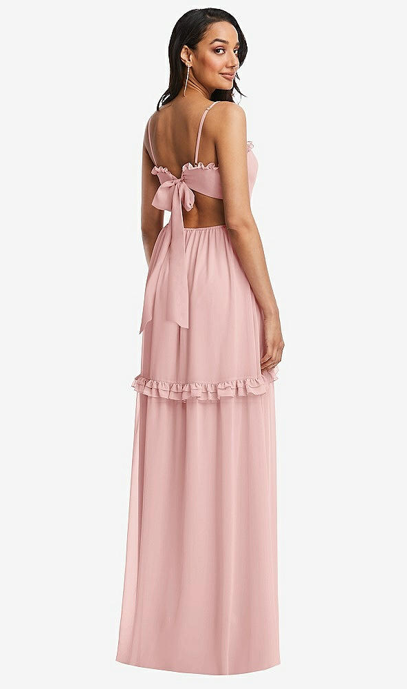 Back View - Rose Ruffle-Trimmed Cutout Tie-Back Maxi Dress with Tiered Skirt
