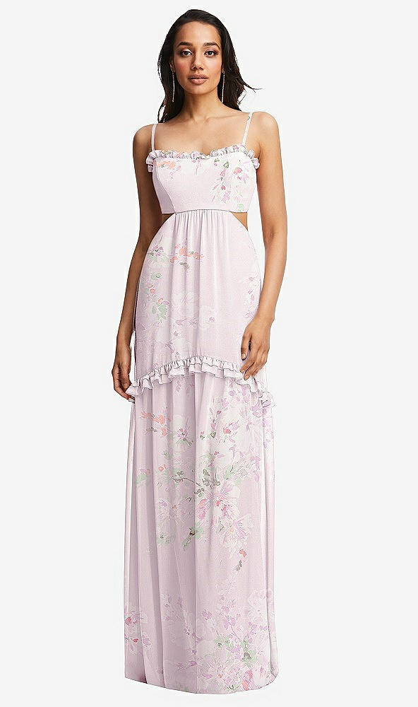 Front View - Watercolor Print Ruffle-Trimmed Cutout Tie-Back Maxi Dress with Tiered Skirt